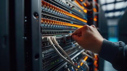 Close-Up Shot of Technician Connecting Cable in Server Rack at Data Center
