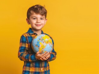 A smiling boy with a globe in his hands. AI generated