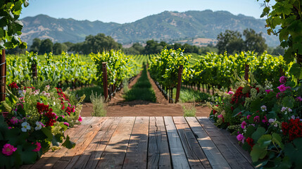 Naklejka premium empty wooden table surronded by flowers for product placement on Vineyards. Wine product tabletop country nature design. Winery display layout banner.