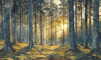 Obraz premium Sunlight Filtering Through Green Forest with Tall Trees Morning