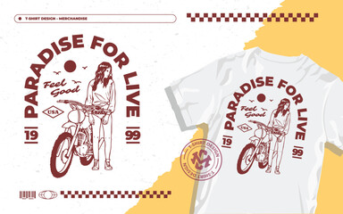 Girl motorcycles paradise beach summer. Motortrail girl. Motor cross girl illustration.