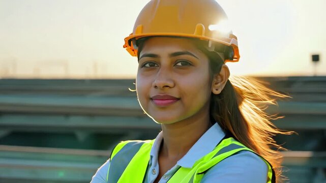 Girl builder portrait in safety helmet, background of construction site. Woman feminist in male profession. Female engineer works, looks at the camera. Industrial worker wearing high vest and hard hat