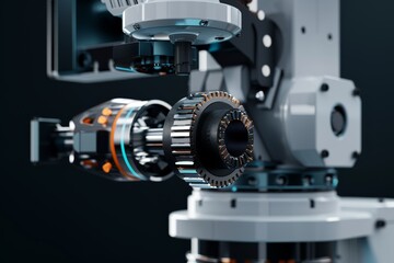 Fototapeta premium Advanced robotic arm operating precision machinery in an industrial setting showcasing cutting edge technology in manufacturing
