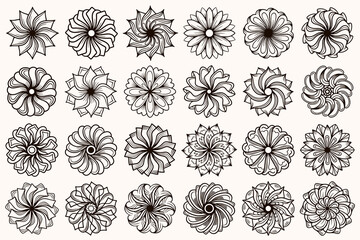Abstract ornamental flower design elements. Mandala style flower symmetric illustrations.