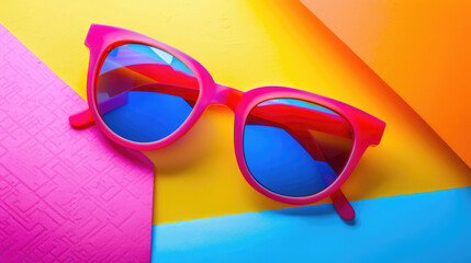 Pink sunglasses stand out on a colorful background, easily attracting attention