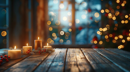 Empty wooden table with blurred background of Christmas tree and window at night, room with wooden floor and light, room with wooden floor, christmas tree on table, christmas lights on table