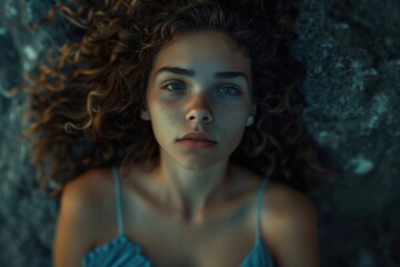 Fototapeta premium A woman with curly hair resting on the grassy terrain