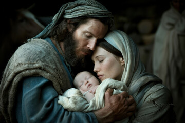 Mary and Joseph holding baby Jesus.  In primarily blue tones. AI generative. © Dar1930