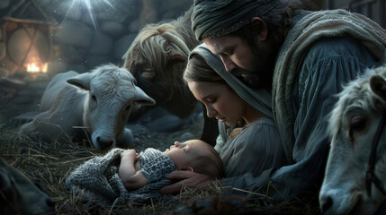 Mary and Joseph holding baby Jesus.  In primarily blue tones. AI generative. © Dar1930