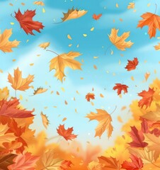 seasonal banner with flying fall  leaves on autumn background, showcasing colorful foliage in natural environment