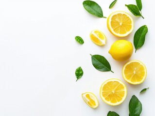 Bright yellow lemons and slices accompanied by fresh green leaves on a clean white background