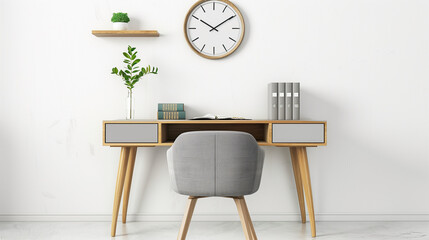 A wooden desk with a gray chair and a clock on the wall. The desk is empty except for a laptop and a vase. The room is clean and organized, giving off a professional and efficient vibe