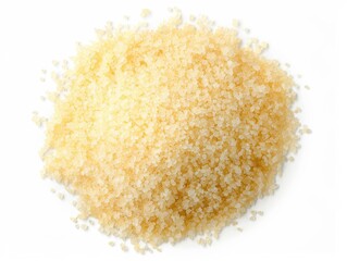 A mound of granulated sugar is set against a clean white background, showcasing its texture and color
