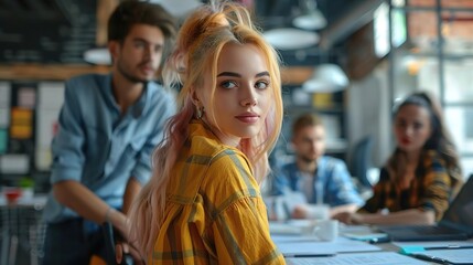 Fototapeta premium Young Woman with Blonde Hair in Yellow Plaid Shirt Looking Over Shoulder Photo