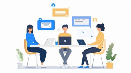 Illustration of Three People Working on Laptops at a Table