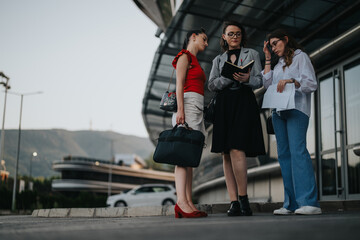 Three businesswomen holding briefcases and documents, having a discussion in an outdoor urban setting on a clear day.