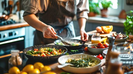 Naklejka premium A person joyfully prepares their first meal in a new kitchen, surrounded by fresh ingredients bursting with color and flavor