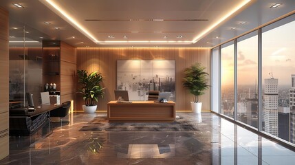 Modern Office Interior Design with Large Windows and City View 3D Illustration