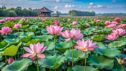 pink green lotus flower close up farm tropical spring garden background