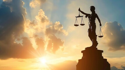 Lady Justice Silhouette at Sunset with Golden Clouds Illustration