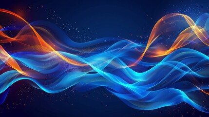 Abstract glowing wave lines on dark blue background. Dynamic wave pattern. Modern flowing wavy lines. Futuristic technology concept. --ar 16:9 Job ID: 1020a847-0aba-46c2-b6c6-50900b8bed38