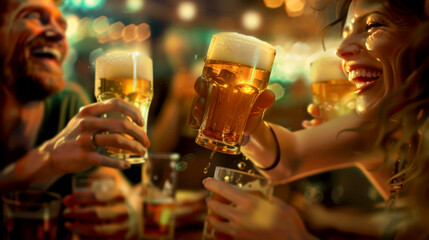 Happy people drinking beer. AI generative.