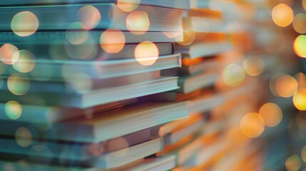 A stack of books is beautifully blurred, with soft bokeh lights shimmering in warm hues around them