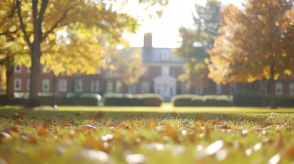 Golden autumn leaves blanket the quad while sunlight filters through vibrant trees