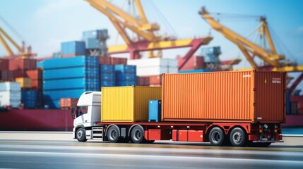 Global Trade: A white semi-trailer truck carrying cargo containers drives into a busy port with cranes and ships in the background, showcasing the vital role of transportation in international commerc