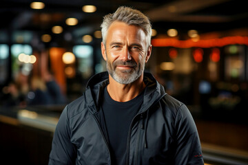 Fototapeta premium Portrait of handsome smiling athletic adult bearded man in gym