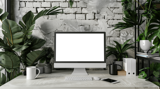 A blank computer screen for mock up sits on a desk with plants, a coffee mug in a modern home office setting