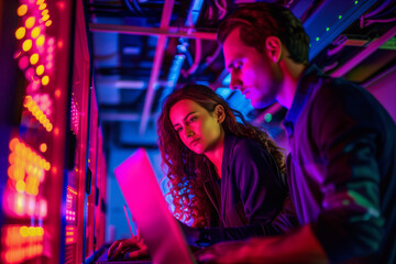 A man and woman tech workers collaborate in a brightly lit data center. Bright red and blue lights