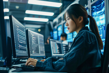 Young Asian woman it programmer working on desktop computer in a server room. Shallow depth of field
