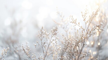 Delicate wildflowers glisten with dew, illuminated by soft morning light in a misty atmosphere