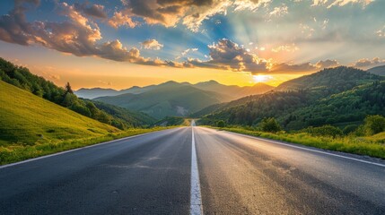 Asphalt highway road and green mountain with sky clouds at sunset --ar 16:9 Job ID: baec0e47-e0c5-4507-90bf-2e5a3dd8f55f