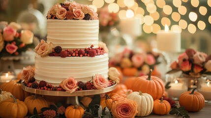 A two-tier wedding cake decorated with roses and berries, surrounded by pumpkins and candles on a rustic table.
