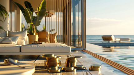 Modern Poolside with Gold Coins at Sunset in a Serene and Splendid Setting