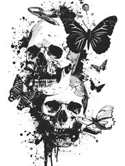 Fototapeta premium Monochrome tattoo art features skulls, butterflies, splatter effects, symbolizing life, death, transformation in a Gothic style, embodying dark, mystical elements with contrast