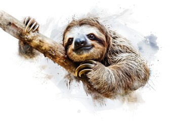 Fototapeta premium A colorful watercolor illustration of a sloth relaxing in the trees, perfect for nature-inspired designs and educational materials