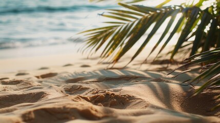Fototapeta premium beach sand with palm branches on the background of the sea --ar 16:9 Job ID: e610f06e-5dcf-4b39-ab1a-f1e6e9962604