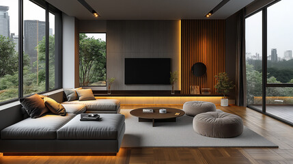 Fototapeta premium A modern gray and white living room without a main light design, with a north-south transparent wooden grille TV background wall.