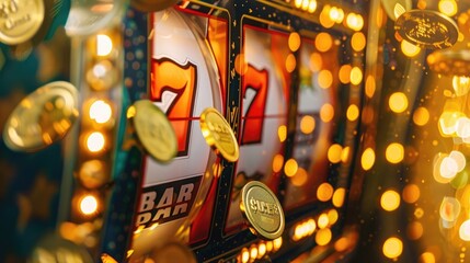 Naklejka premium Close-Up of Lucky Slot Machine with Three Sevens and Gold Coin Shower