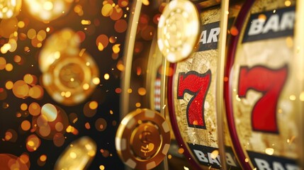 Fototapeta premium Close-Up of Lucky Slot Machine with Three Sevens and Gold Coin Shower