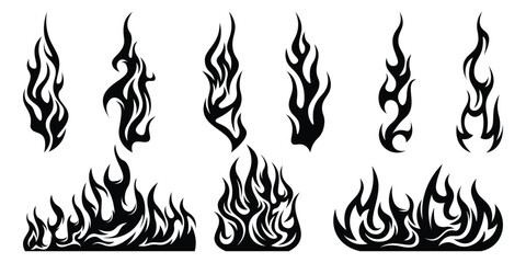 Silhouette Fire flames. Old school tattoo neo-tribal style or silhouette flame for cars. set vector icons. Fire sign. Fire flame icon isolated on white background. Vector illustration