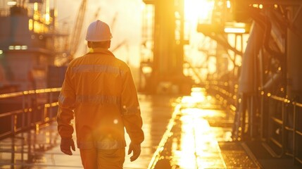 Obraz premium Backview Photo of Worker on Oil Rig Platform