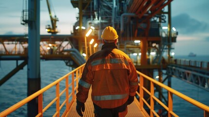 Backview Photo of Worker on Oil Rig Platform