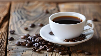 Fototapeta premium Cup of coffee beans and love heart art wooden table, coffee on wooden table background.