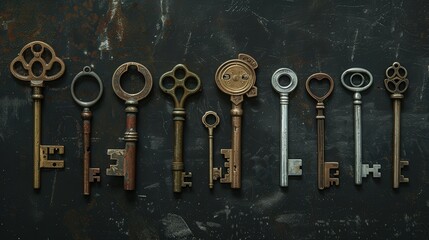 This curated display showcases unique vintage keys, each sharing its own story of lost doors and forgotten places