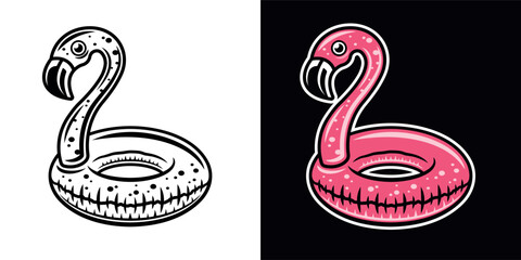 Flamingo float vector illustration in two styles black on white and colorful