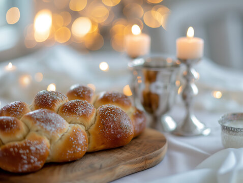The Shabbat table is elegantly arranged with glowing candles, a silver candlestick, challah bread, and a Shabbat Kiddush cup on a white tablecloth